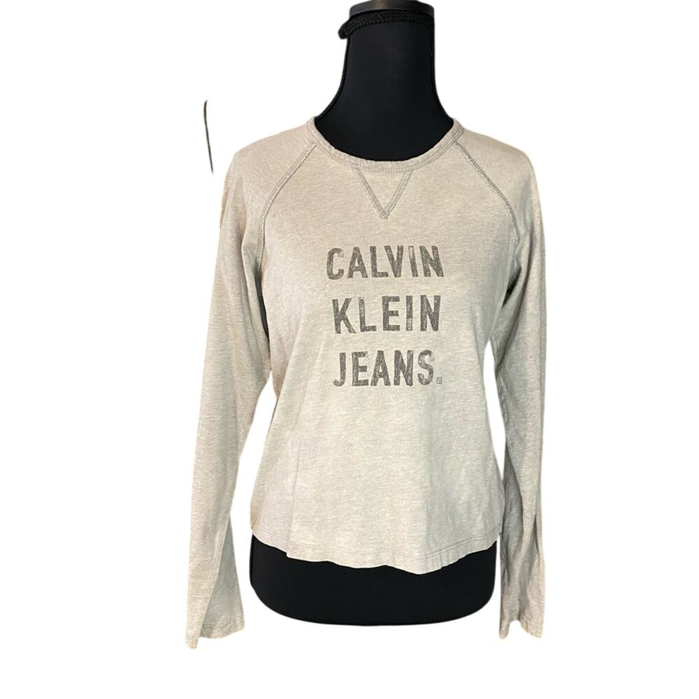Vintage Y2K Calvin Klein Jeans Light Gray Logo long sleeve top 100% cotton MED